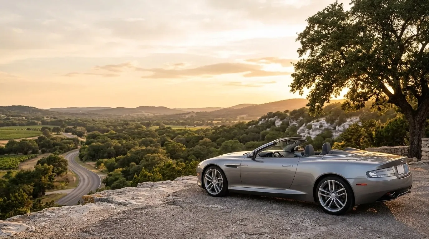 Kraft & Klasse stories from the Texas Hill Country Silver-grey Aston Martin DB9 Volante overlooking the Texas Hill Country at golden hour