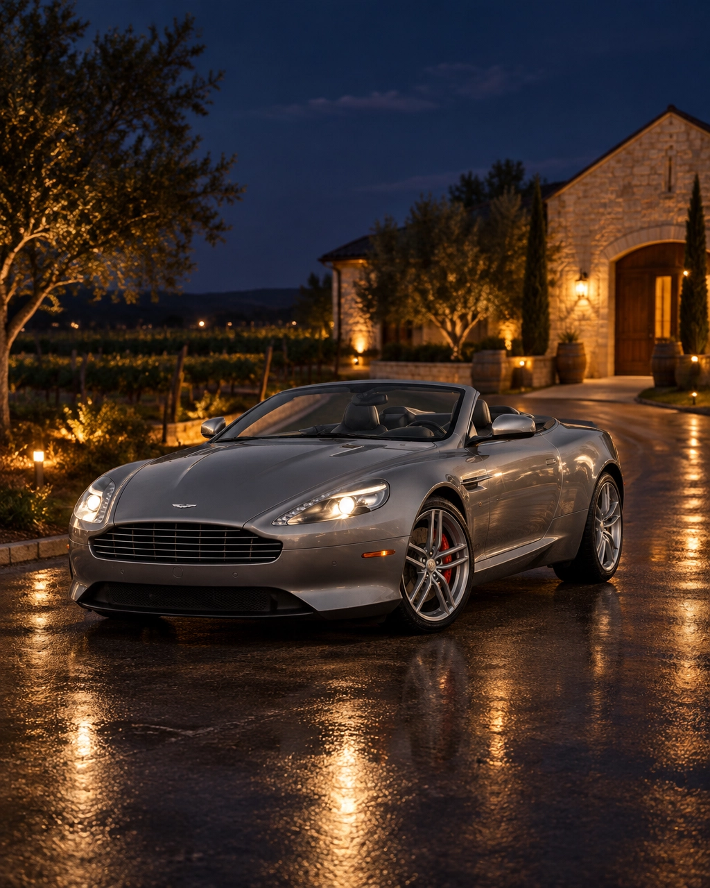 Silver-grey Aston Martin DB9 Volante V12 convertible at a Hill Country vineyard after dark Silver-grey Aston Martin DB9 Volante V12 convertible at a Hill Country vineyard after dark