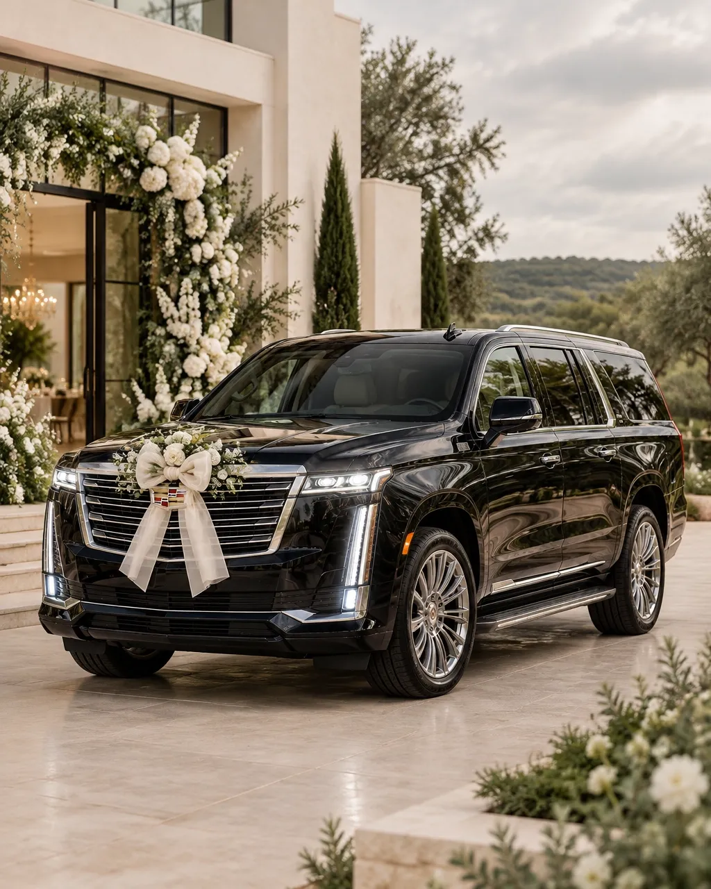 Black Cadillac Escalade at an elegant Hill Country wedding venue Black Cadillac Escalade at an elegant Hill Country wedding venue