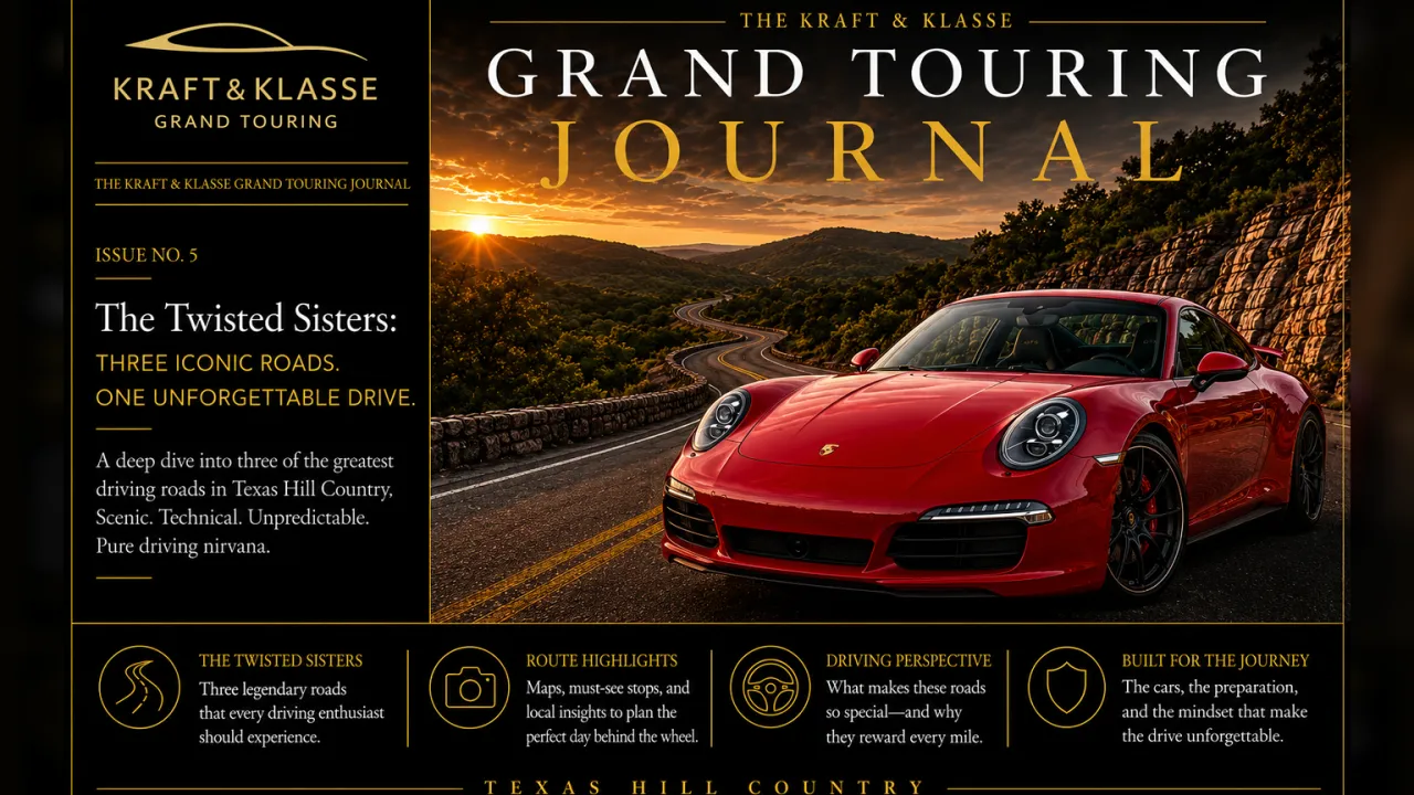Issue 5 journal cover featuring a grand touring car on a scenic Hill Country road