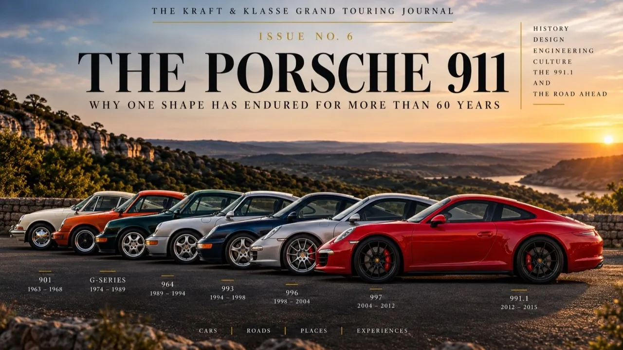 Issue 6 journal cover featuring Porsche 911 models at sunset