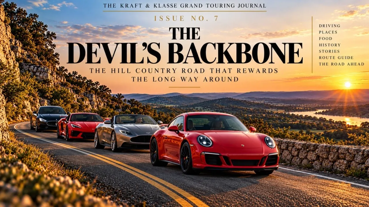 Issue 7 journal cover featuring a red sports car on a Hill Country road