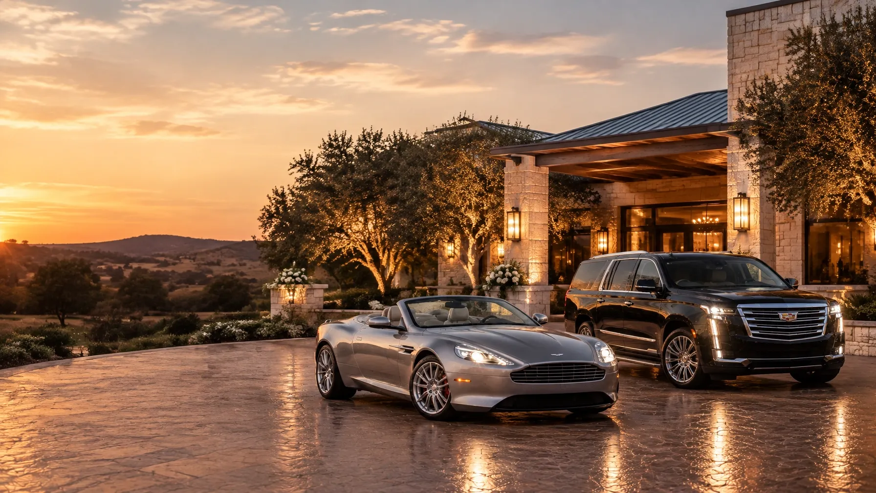 Silver-grey Aston Martin DB9 Volante and black Cadillac Escalade at a Hill Country estate in the evening